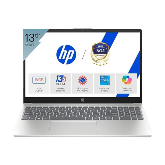 HP OmniBook 5 (Previously Pavilion),13th Gen Intel Core i5 1334U (16GB LPDDR5X,512GB SSD) 2K, WUXGA,IPS,300 nits,16''/40.6cm Touchscreen, Win11, M365, Office24, Silver,1.79kg,ba1789TU,IR Camera Laptop