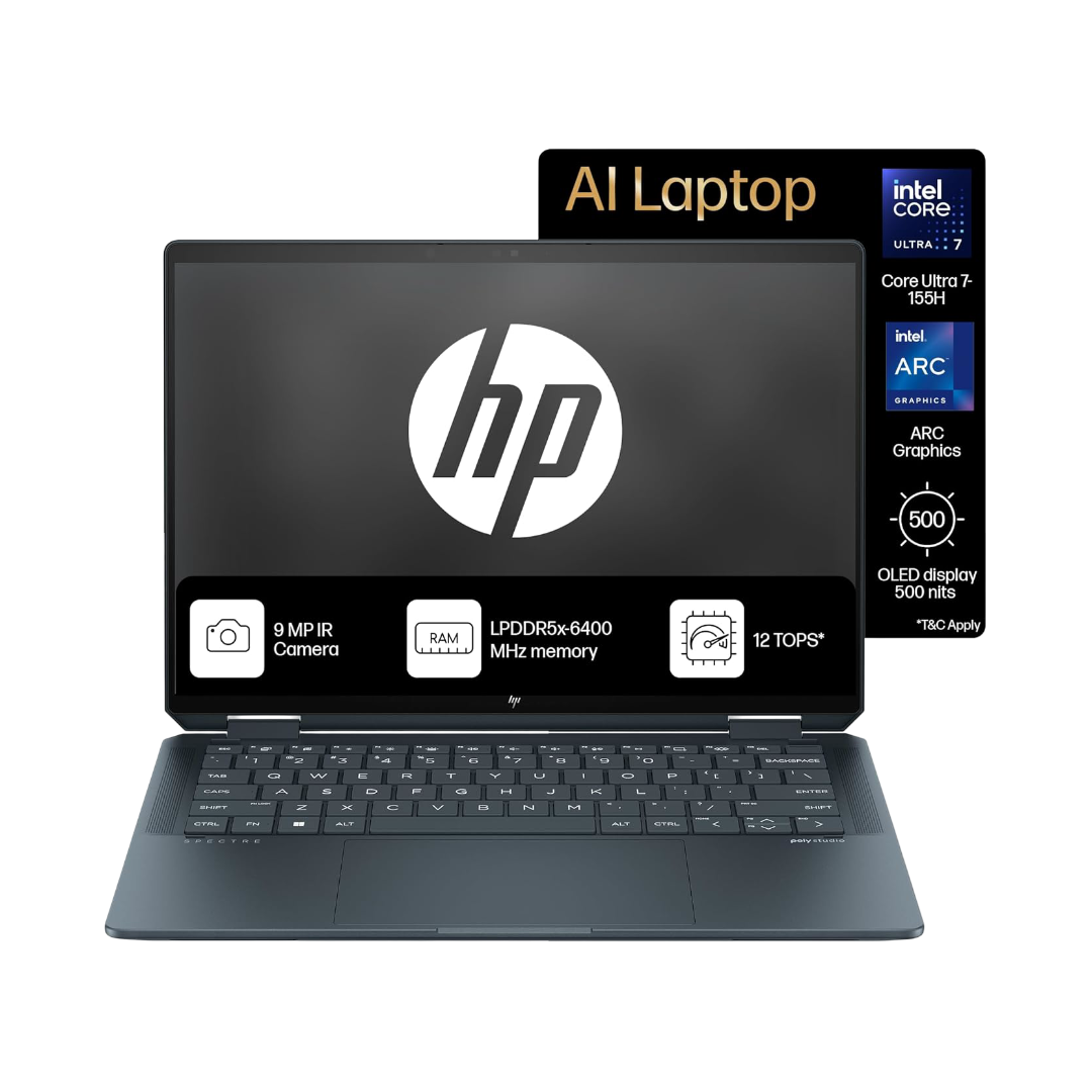 HP Spectre x360, Intel Evo Core Ultra 7 155H, Built-in AI, 14-inch (35.6 cm), 2.8K OLED, 32GB LPDDR5x, 1TB SSD, 120 Hz IMAX, 9MP IR Camera w/Camera Shutter (Win 11, MSO, Blue, 1.34 kg), eu0556TU