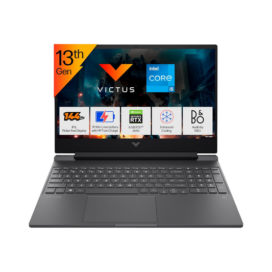 HP Victus, 13th Gen Intel Core i5-13420H, RTX 4050-6GB, 16GB DDR4, 512GB SSD, FHD IPS, 15.6"/39.6cm, 144Hz, Win 11, Office21, Mica Silver, 2.29kg, fa1279TX, Flicker-Free Enhanced Cooling Gaming Laptop