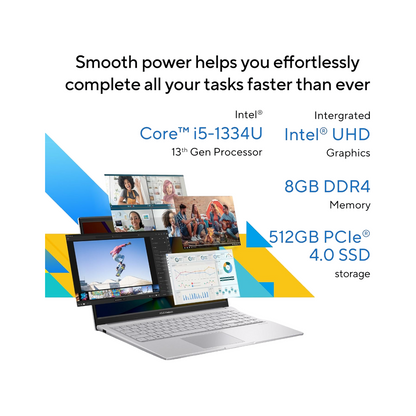 ASUS Vivobook 15, Intel Core i5-1334U, (8GB RAM/512GB SSD/15.6" FHD (1920 x 1080)/Intel Iris Xᵉ/Win 11/M365 Basic (1Year)*/Backlit Keyboard/Office Home 2024/Cool Silver/1.70 kg), X1504VA-NJ1765WS