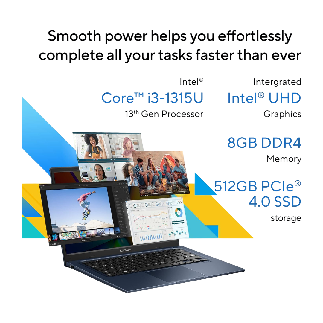 ASUS Vivobook 14,Intel Core i3-1315U Processor, (8GB RAM/512GB SSD/14 FHD (1920 x 1080)/Win 11/M365 Basic (1Year)*/Office Home 2024/Quiet Blue/1.40 kg), X1404VA-NK760WS