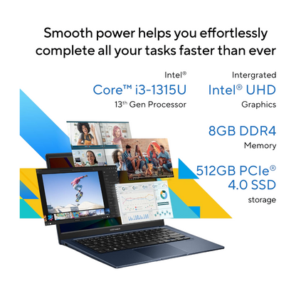 ASUS Vivobook 14,Intel Core i3-1315U Processor, (8GB RAM/512GB SSD/14 FHD (1920 x 1080)/Win 11/M365 Basic (1Year)*/Office Home 2024/Quiet Blue/1.40 kg), X1404VA-NK760WS