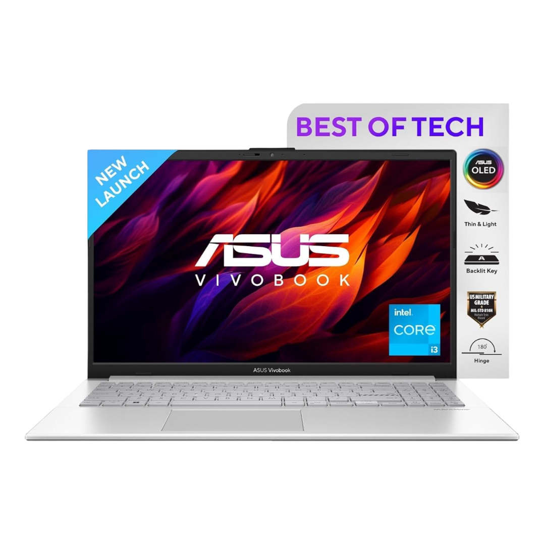 ASUS Vivobook Go 15 OLED (2023), Intel Core i3-N305, 15.6" (39.62 cms) FHD OLED, Thin and Light Laptop (8GB/512GB SSD/Windows 11/Office 2021/Backlit KB/Silver/1.63 kg), E1504GA-LK321WS