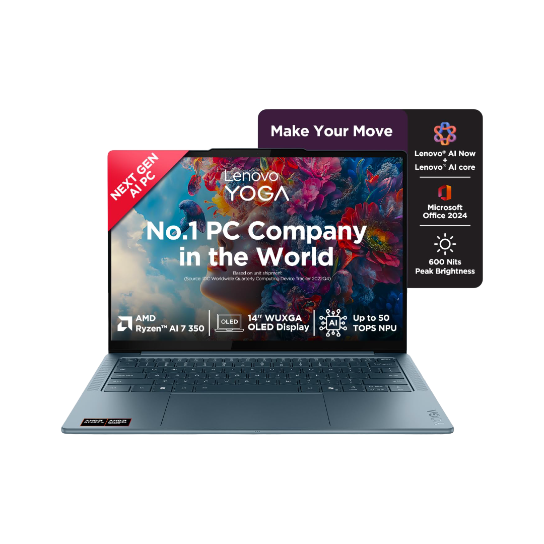 Lenovo Yoga Slim 7 AMD Ryzen AI 7 350 (32GB RAM/1TB SSD/14 (35.5cm)/WUXGA OLED/Copilot+ PC/Windows 11/Microsoft 365 Basic + Office Home 2024 + Lenovo AI Now/1Yr ADP Free/Teal/1.19Kg), 83JY0069IN