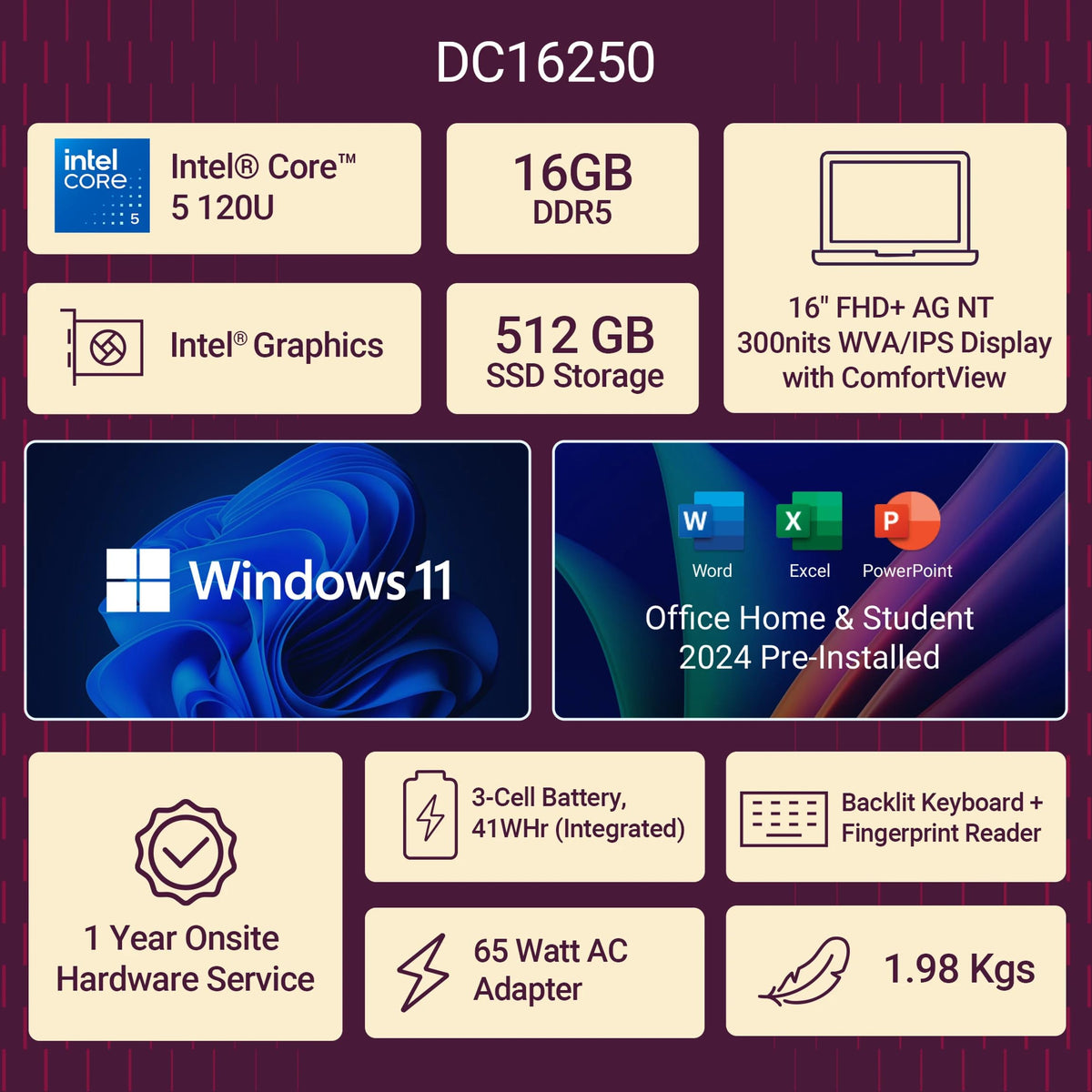 Dell 16 Laptop -16" FHD+ 300Nits Display, Backlit Keyboard + Fingerprint Reader, Intel Core 5-120U, 16GB RAM, 512GB SSD — image 2