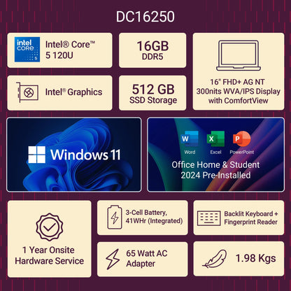Dell 16 Laptop -16" FHD+ 300Nits Display, Backlit Keyboard + Fingerprint Reader, Intel Core 5-120U, 16GB RAM, 512GB SSD — image 2
