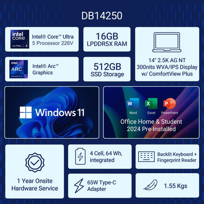 Dell DB14250 14" (35.56 cm) AI Laptop Intel Core Ultra 5 226V Processor, 16GB RAM, 512GB SSD, ARC Graphics, 2.5K Display — image 2