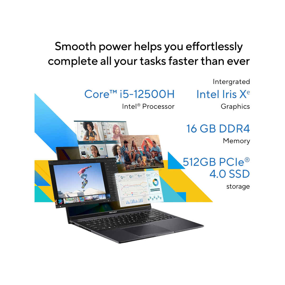 ASUS Vivobook 16, Intel Core i5-12500H, 16GB DDR4, 512GB SSD, WUXGA 16:10 60Hz, 16"/40.64cm, Windows 11, MSOffice 2021, Indie Black, 1.88KG, X1605ZAC-MB542WS, Intel Iris Xe Graphics, Thin&Light Laptop